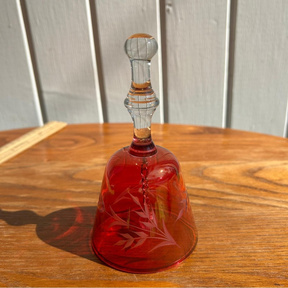 Vintage Cranberry Glass Clear Handle BELL Etched Flowers 4 1/2”